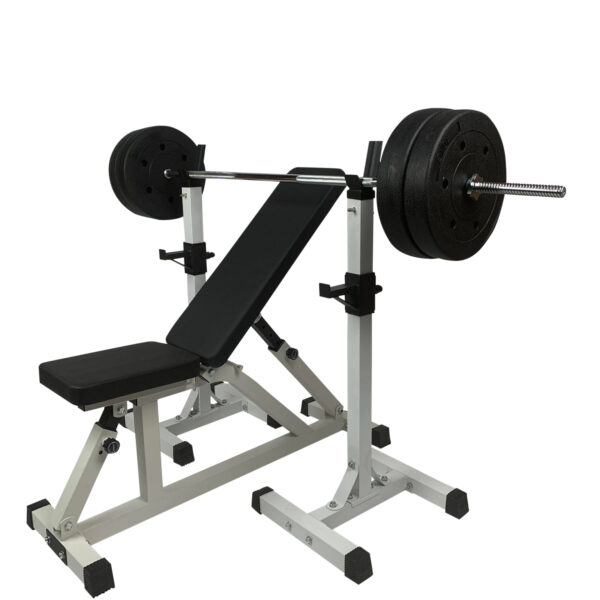 Skråbænk og enkeltstående squat rack m. 57 kg vægtsæt.