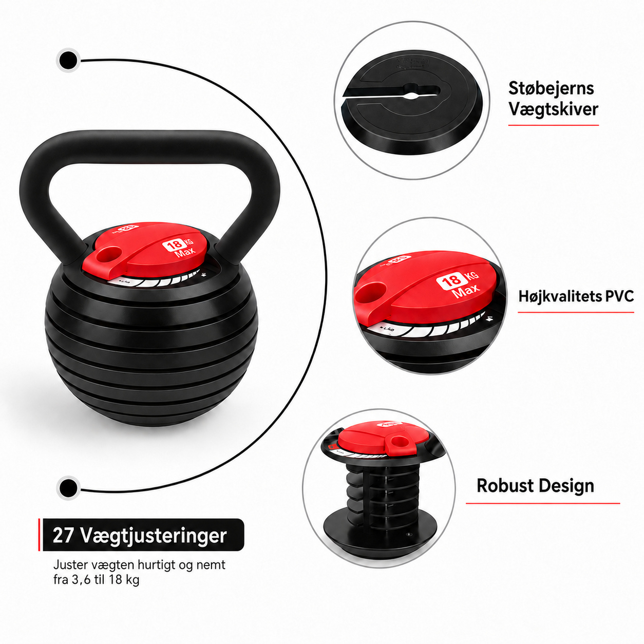 Justerbar Kettlebell 18 kg – 27 vægtindstillinger - Billede 2
